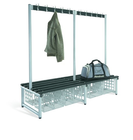 Double sided cloakroom bench unit with garment hanging and shoe storage.